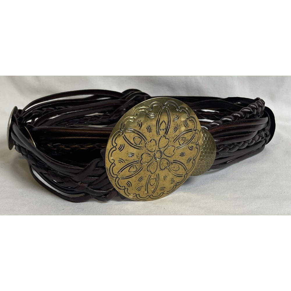90s Amiee Lynn Braided Leather Belt XL Womens Brown Brass Buckle & Accent Boho